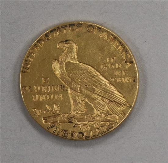 A United States of America five dollar gold Indian half eagle, 1912, 8.36g, VF